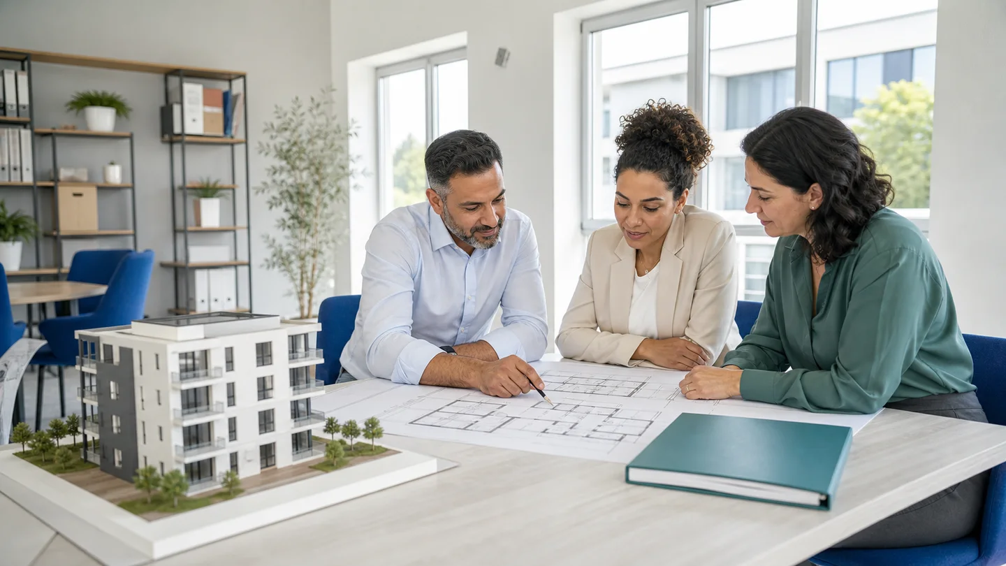Symbolische Immobilienweiterbildung mit Gebäudeplan und Architekturmodell